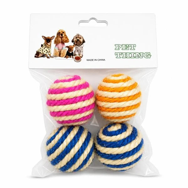 PET THING 4-Pack Sisal Rope Ball Set – Interactive Scratching & Chase Toys for Cats & Dogs