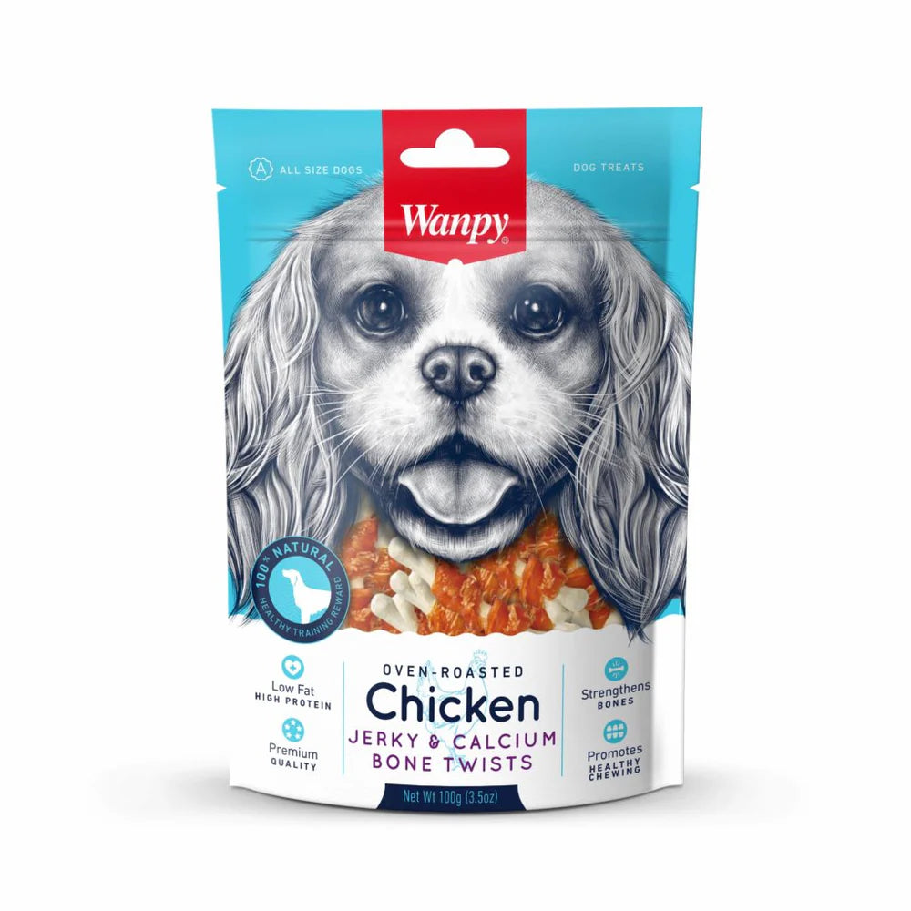 Wanpy Low Fat Oven-Roasted Chicken Jerky & Calcium Bone Twists Dog Treats 100G