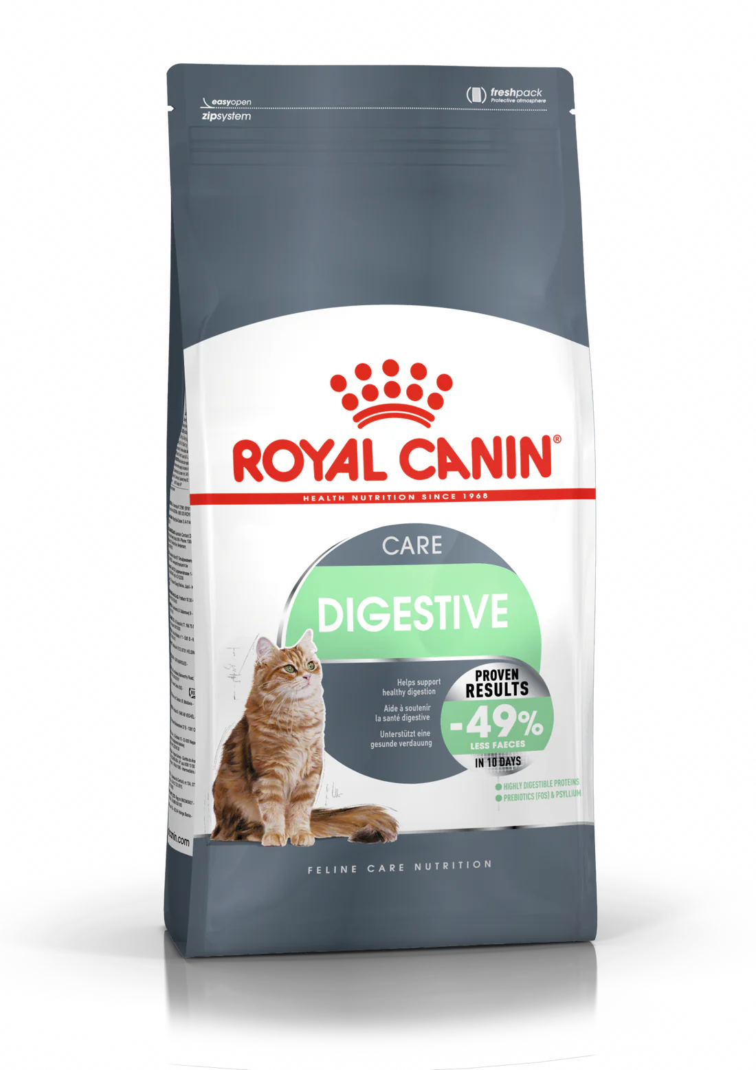 •Royal Canin Digestive Care Dry Cat Food 2kg front packaging•Digestive Care dry food ring-shaped kibble for adult cats