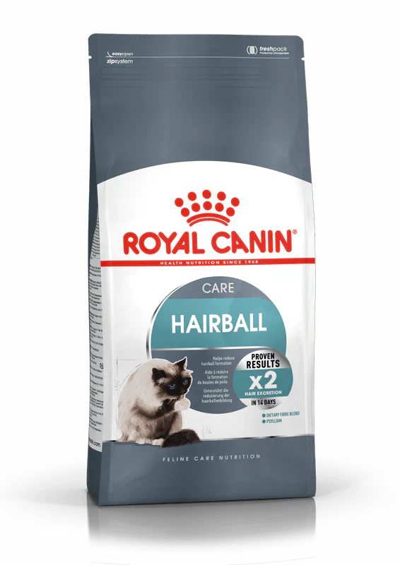 •Royal Canin Hairball Care Dry Cat Food 400g packaging front•Hairball Care kibble fiber blend for digestion