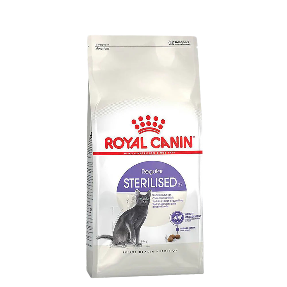 •Royal Canin Sterilised 37 Dry Cat Food 2kg front packaging•Royal Canin Sterilised 37 kibble texture close-up