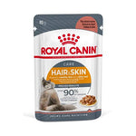 •Royal Canin Hair & Skin Care Wet Cat Food 85g pouch front•Wet cat food gravy for skin and coat support•Royal Canin Hair & Skin wet food in gravy pack